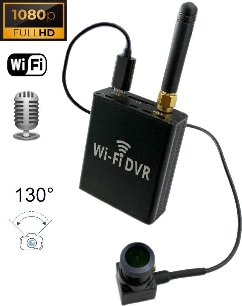 Kompaktní SET - WiFi DVR box live stream + pinhole kamera 130 ° fisheye + audio
