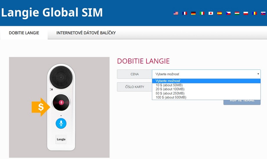 dobití kreditu 3G Langie SIM karty